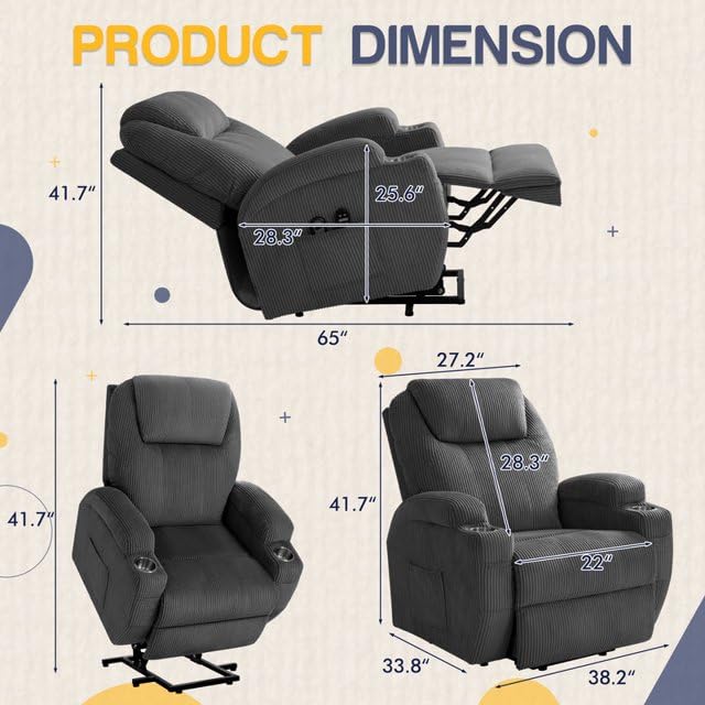 Electric Power Lift Recliner Chair with Massage for Elderly Corduroy Fabric Recliner Single Sofa with Cup Holders, Side Pockets and Remote Control for Living Room Bedroom (Gray) Furmax
