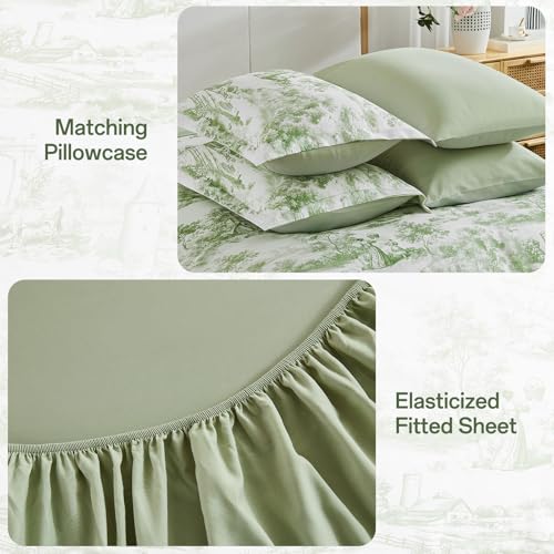 Green Comforter Set Full Size 7 Pieces, Elegant French Toile Botanical Bed in a Bag, Soft Microfiber Farmhouse Complete Bedding Set for All Season WONGS BEDDING