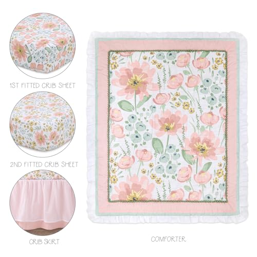 The Peanutshell 4 Piece Organic Cotton Baby Crib Bedding Set for Girls - Newborn, Infant & Toddler Nursery Bed Set Decor with Two Crib Sheets, Dust Ruffle Comforter - Wildflower The Peanutshell