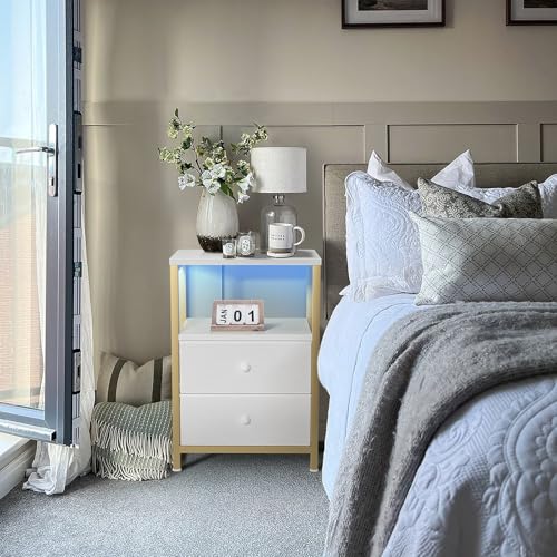 BOLUO Gold Nightstand with Charging Station, LED Night Stand with 2 Fabric Drawers, Bedside Table with USB Ports and Outlets, Nightstand for Bedroom Modern BOLUO