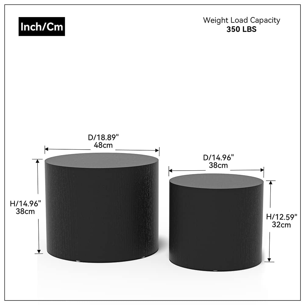 Nesting Coffee Table Set of 2, Modern Round Coffee Table with Non-Slip Feet, Wooden Circle Accent Tables for Small Spaces Living Room Bedroom Balcony Office Drum Side Table (Black) ivoros