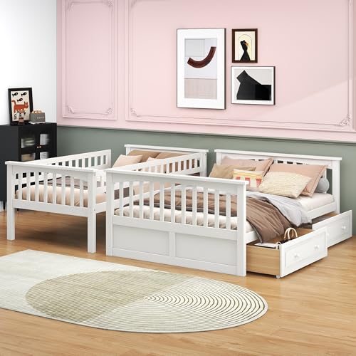 Harper & Bright Designs Convertible Wood Twin Over Full Bunk Bed with 2 Storage Drawers and Ladder - Can Be Divided Into Two Daybeds, White Harper & Bright Designs