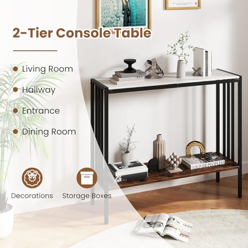 Giantex 36" Narrow Console Table, 2-Tier Industrial Entryway Table with Open Storage Shelves & Metal Frame, Faux Marble Sofa Table Behind Couch for Living Room, Hallway, Foyer, White & Rustic Brown Giantex