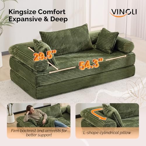 VINGLI Convertible Futon Sofa Bed, Upholstered Corduroy Boneless Couch King Size Floor Loveseat Sleeper Sofa with 2-in-1 Throw Pillow, Couches for Living Room, Bedroom, Lounge, Green VINGLI