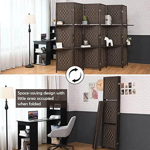 Giantex 6Ft 6 Panel Room Divider with Shelves, Freestanding Hand-Woven Rattan Folding Privacy Screens for Room Separation, Wooden Partition Room Divider Wall for Home Office Studio Separator Giantex