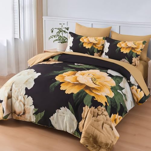 Dobuyly King Size Comforter Set 7 Piece Bed in a Bag, Yellow Brown Floral Printed on Black Comforter Set with Sheets, Soft Microfiber Botanical Boho Complete Bedding Set for All Season Dobuyly