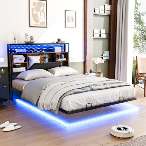 VINGLI Full Size Floating Bed Frame with Headboard, LED Lights & Charging Station, Cozy Velvet Upholstered Headboard, Hidden Storage, Heavy Duty Metal Frame, No Box Spring Needed, Easy Assembly, Black VINGLI