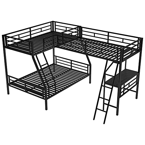 HZSSDTKJ Twin Over Full Size L-Shaped Bunk Bed with Built-in Desk and Sloping Ladder,Metal Twin Size Loft Bed with Headboard and Footboard for Kids Teen Girls Boys Adults Bedroom Furniture (Black) HZSSDTKJ