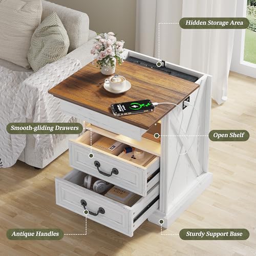 Dystler Night Stand with Gun Drawer, Bedside Table with LED Light & Human Sensor, Nightstand Gun Safe with 2 Drawers for Bedroom, Farmhouse End Table with Charger Station, Antique White Dystler