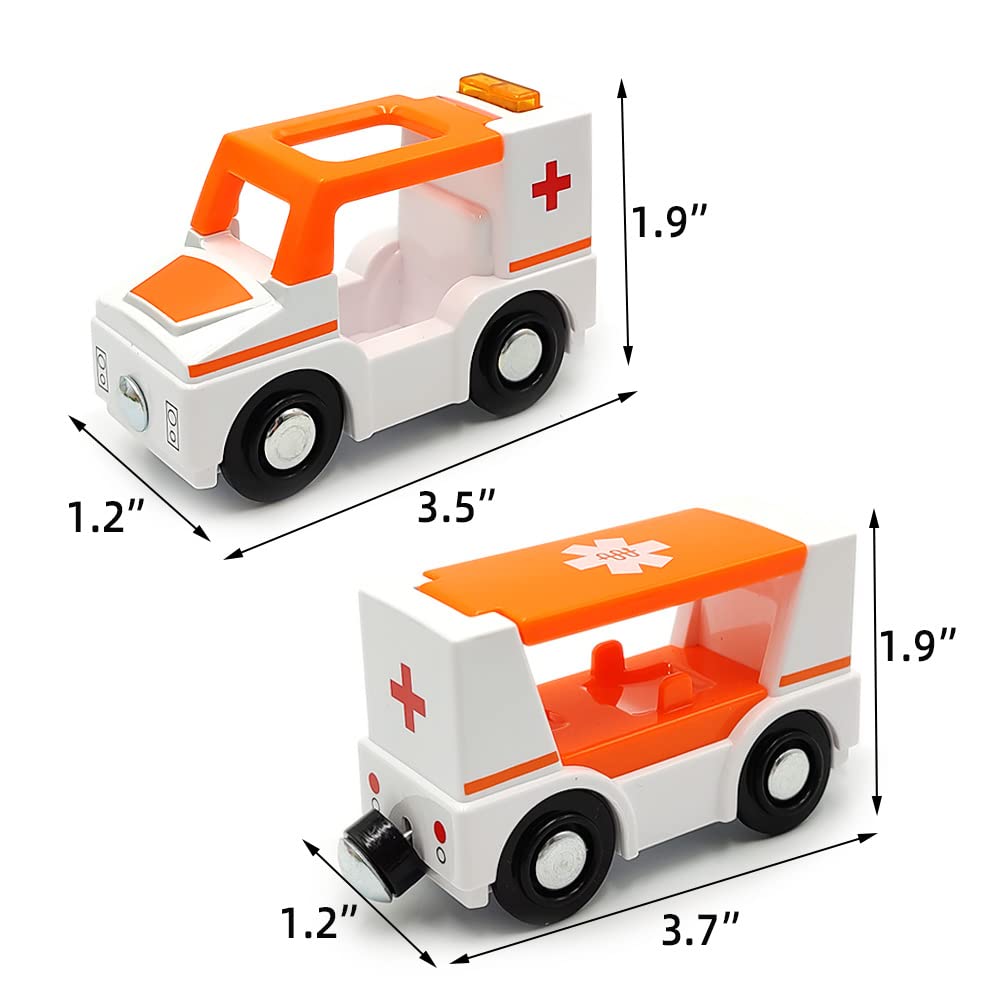 Magnetic Trains Cars Playset Wooden Train Track Accessories Station Wagon Train Set for Toddlers 3-5 Wooden Train Sets for Boys Girls Ages 3-4-7 (Ambulance B (with Light and Sound)) DSHMIXIA