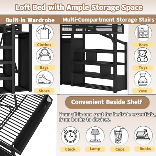 Bellemave Full Loft Beds with Storage Beside Shelves and Wardrobe, Metal Loft Bed with LED Lights and USB Ports, Heavy-Duty Loft Bed Frame for Teens, Adults, Noise-Free & Space-Saving, Black Bellemave