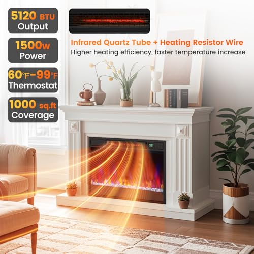 SIMOE 23" Electric Fireplace Inserts, 1500W Recessed Fireplace Heater with Remote Control, 6 Flame Colors & 5 Brightness, 8H Timer, Infrared Quartz Fireplace Insert for Indoor, 23" W x 17" H SIMOE