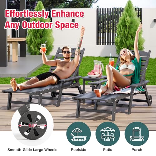 Pamapic 500 LBS Lounge Chair with Coffee Table Set of 2, Wide Armrest Oversized Chaise Lounge Chair with Wheel, 4 Positions Chaise Lounge with Cup Holder, Outdoor Lounge Chairs for Poolsdie, Grey