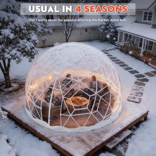 12FT Garden Dome Tent, Geodesic Dome Greenhouse with PVC Clear Cover, Waterproof Garden Bubble Dome Tent House with 2 x 10M Light Strings for Outdoor, Patio, Party (White Edge, 12.5FT/3.8M) MAPONEEN