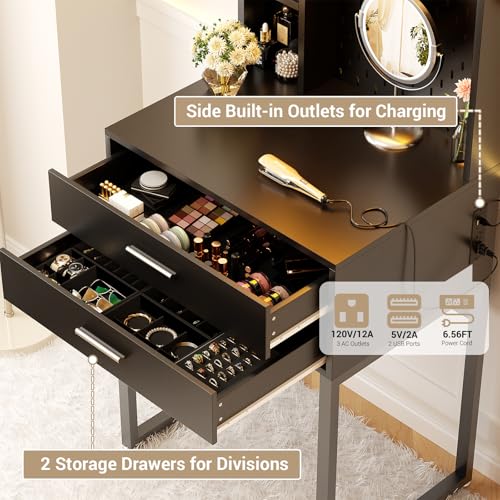 Besiost Small Vanity Desk with Hutch and Drawers, Black Makeup Vanity Desk with Charging Station, Vanity Table Dressing Table with LED Lights, Vanity Desk No Mirror with Pegboard for Girls Women, 24" Besiost