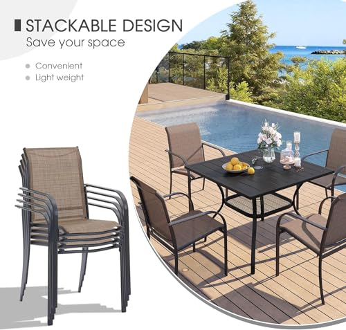 VICLLAX 5 Pieces Patio Dining Set, Outdoor Furniture Set includes 1 Square Patio Table and 4 Stackable Patio Sling Chairs, Outdoor Table and Chairs for Outsides, Walnut Table and Brown Chairs VICLLAX