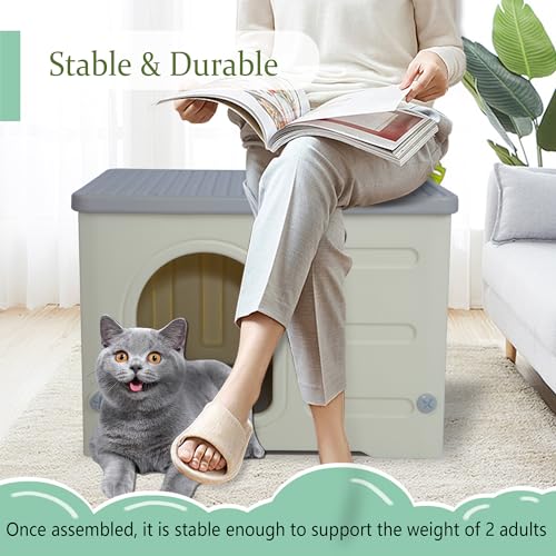 Waterproof Cat House Outdoor Indoor, Plastic Cat House for Outdoor Cats Feral Cat House Outdoor, Sturdy Cat Bed for Small Pet, Spacious, Assemble Easily -Grey Rockever