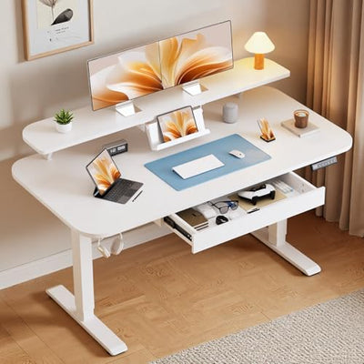 GTPLAYER Electric Standing Desk with Drawers, 48 x 24 Inches Height Adjustable Computer Desk with Monitor Stand, Laptop Stand, Home Office Sit Stand Up Desk with Memory Preset, White