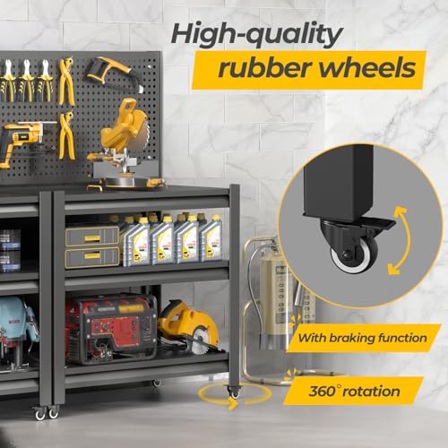 Work Bench with Pegboard,Heavy Duty Workbench with Wheels Adjustable Shelves,Tool Cart,Work Table for Garage Warehouse47.2 H*33.46" W*18" D PLMFJQK