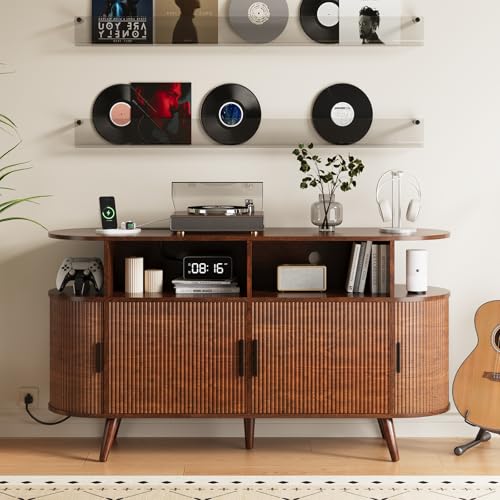 FURSUN 55" Large Round Record Player Stand, Record Storage Cabinet Holds Up 300 Albums with Charging Station & USB Ports, Fluted Modern Turntable Stand for Bedroom, Living Room, Dark Walnut FURSUN