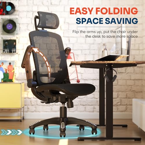 GABRYLLY Ergonomic Office Chair, High Back Home Desk Chair with Headrest, Flip-Up Arms, 90-120° Tilt Lock and Wide Cushion, Big and Tall Mesh Chairs for Man Woman, Black Task Chair(Dark Woodgrain) GABRYLLY