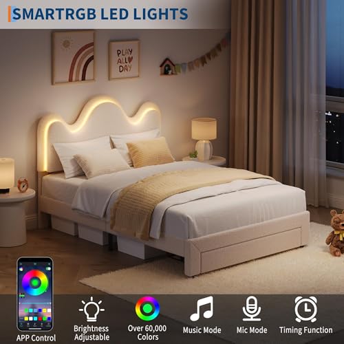 IDEALHOUSE Full Bed Frame with LED Headboard and Under-Bed Drawer, Metal Upholstered Platform Bed with LED Light for Kids, Girls, Lamb Fleece Fabric, Wooden Slats Support, No Box Spring Needed, White IDEALHOUSE