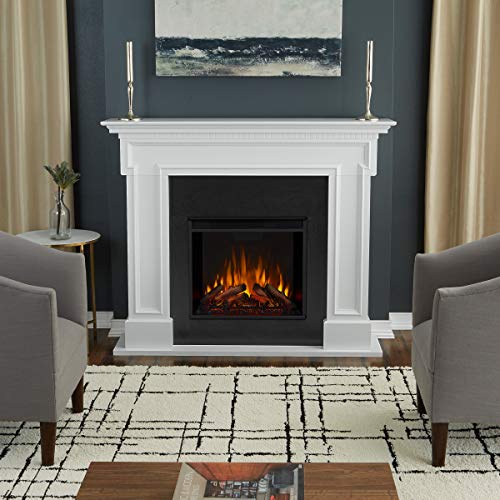 Real Flame Thayer 55” Electric Fireplace with Mantel for Living Room or Bedroom, Replaceable Fireplace Insert Heater, Realistic Log and Flame Effect, Remote Control, Timer, White Real Flame