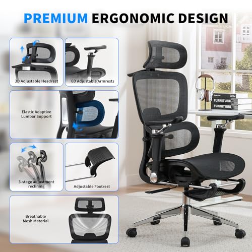 hujusko Mesh Ergonomic Office Chair with 6D Armrests,High Back Mesh Gaming Chair with Lumbar Support,Adjustable 3D Headrest for Home Office Desk Chair(Executive, Black) hujusko