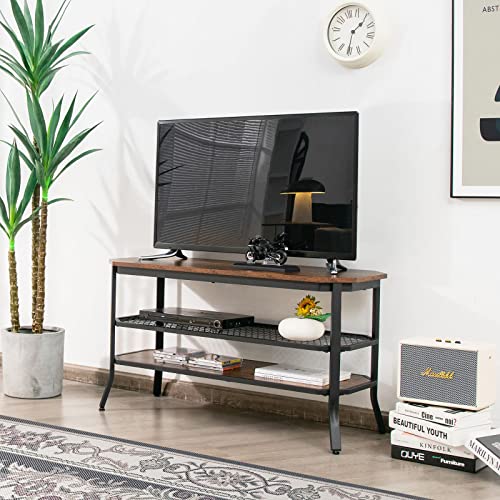 Tangkula TV Stand for TVs up to 46 Inch, 3-Tier Industrial Wooden Console Table with Mesh Grid Storage Shelf, Metal Frame, Rustic Entertainment Center for Living Room (Rustic Brown) Tangkula