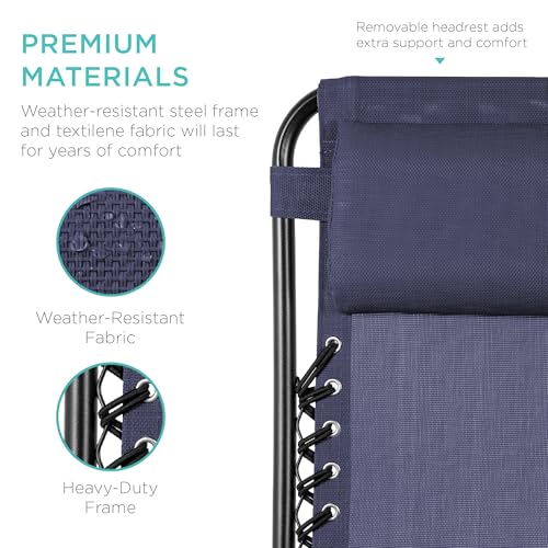 Best Choice Products Set of 2 Adjustable Steel Mesh Zero Gravity Lounge Chair Recliners w/Pillows and Cup Holder Trays - Navy Blue