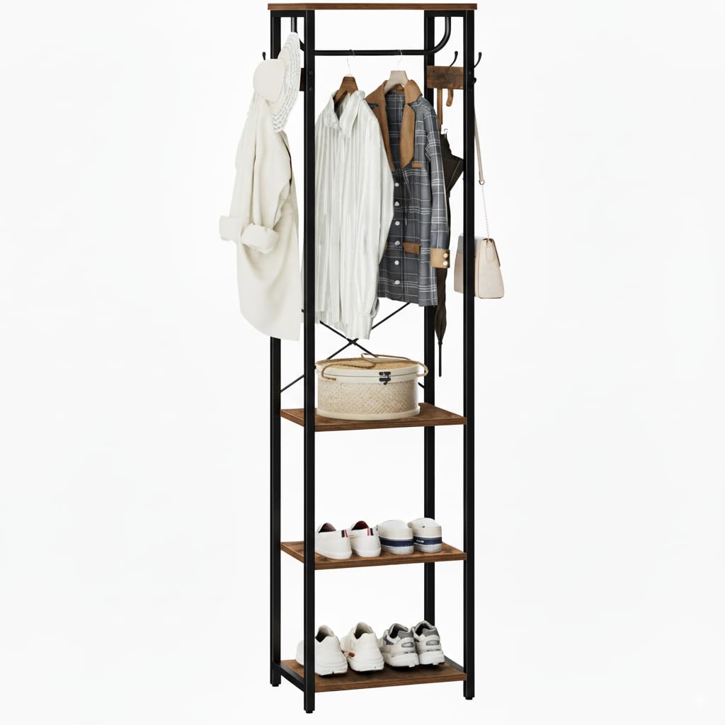 Cerlyunzan Coat Rack With Hanging Rod, Garment Rack With 3 Wooden Shelves and 4 Hooks, Freestanding Hall Tree, Industrial Clothes Rack Stand Organizer, Rustic Brown and Black Cerlyunzan