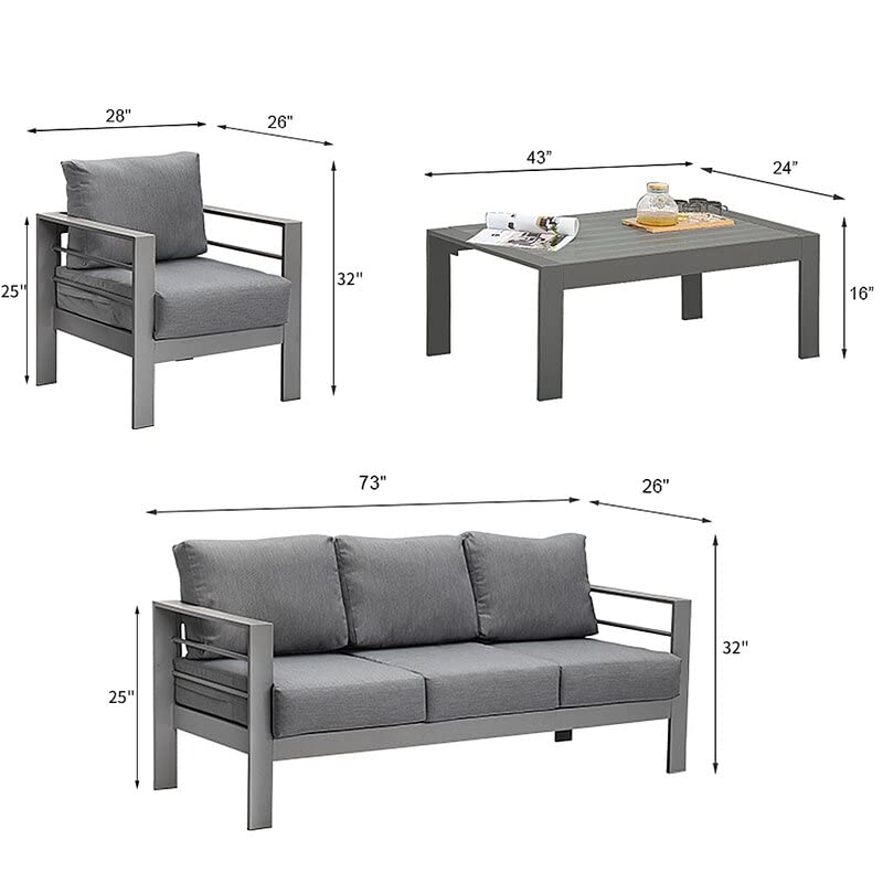 Solaste Aluminum Patio Furniture Set, 4 Pcs Modern Outdoor Conversation Set Sectional Sofa with Upgrade Cushion and Coffee Table,Grey Solaste