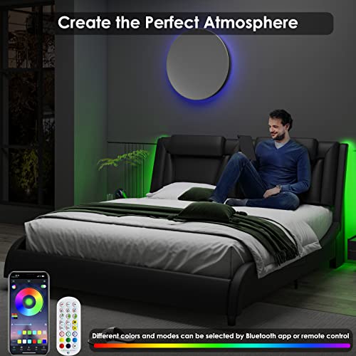 Keyluv LED Upholstered King Bed Frame with Adjustable Headboard and Wave-Like Design in Black Keyluv