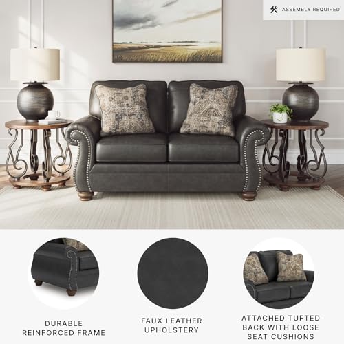 Signature Design by Ashley Chatterton Rustic Faux Leather Loveseat with Nailhead Trim and 2 Throw Pillows, Black Signature Design by Ashley