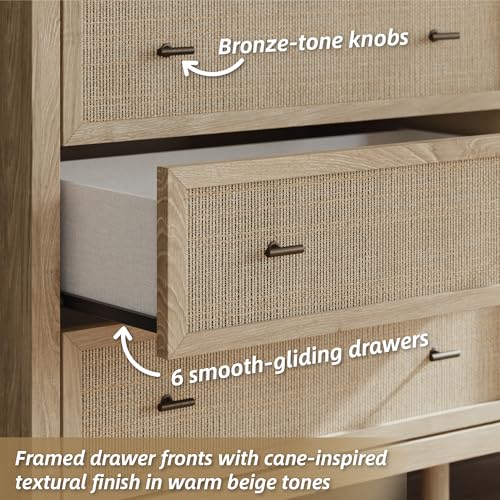 Signature Design by Ashley Cielden Coastal 6-Drawer Dresser, Bronze-Tone Knobs, Safety Stop, Textured Cane Details, 62.01" W x 19.65" D x 35.67" H, Light Brown Signature Design by Ashley