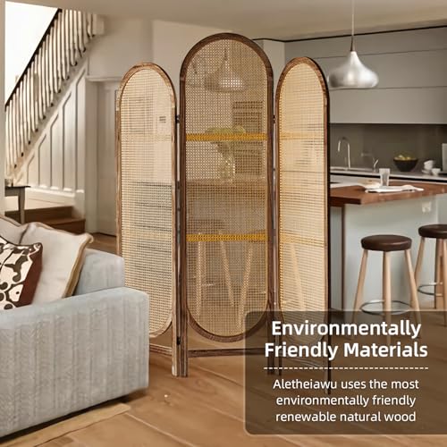 Aletheiawu 5.9 Ft Tall Hand-Woven Rattan Room Divider 3 Panels, Wood Room Divider Panel, Folding Screen Divider Wall, Wall Divider for Room Separation, Folding Privacy Screen, Home Office Brown Aletheiawu