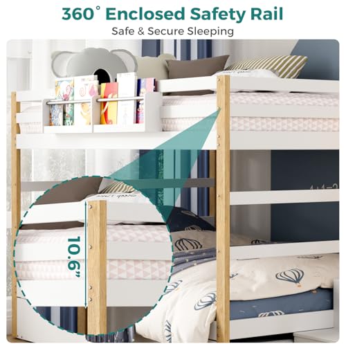 Wooden Full Over Full Bunk Bed with Trundle, Storage Stairs & Convertible Fold-Out Desk, Durable Solid Wood Frame, No Box Spring Required, Ideal for Kids, Teens & Adults (White + Natural Wood, Full) smilesun