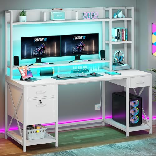 DWVO Computer Desk with Drawers & Hutch, 59.1" Office Desk with Power Outlets & LED Lights, Home Office Desk with Storage Shelves, White DWVO