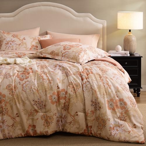 BLOOMHAVEN King Comforter Set -7 Pieces Terrecotta Floral Comforter Set for All Seasons, Bed in a Bag King with Botanical Flowers Comforter, Sheets, Pillowcases & Shams BLOOMHAVEN
