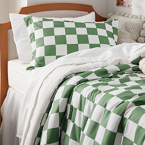 Bedsure Twin/Twin XL Comforter Set - Twin Extra Long Comforter Set, Checkered Dorm Bedding for Boys, 2 Pieces, 1 Soft Green Comforter and 1 Pillow Sham Bedsure