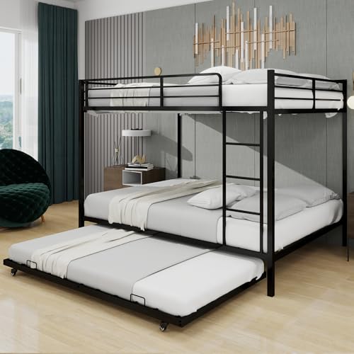 Harper & Bright Designs Heavy Duty Metal Bunk Bed Queen Over Queen with Trundle for 3 Persons, Industrial Bunk Beds Frame with Sturdy Support, Saving Space, Black Harper & Bright Designs