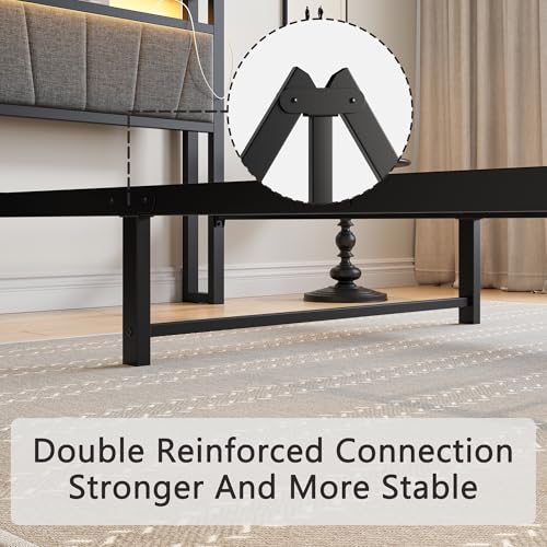 BOFENG Twin Bed Frame with Charging Station,LED Lights,Upholstered Storage Headboard,Heavy Duty Metal Platform Single Bed Frame Twin Size No Box Spring Needed,Solid and Stable,Noise Free,Grey BOFENG