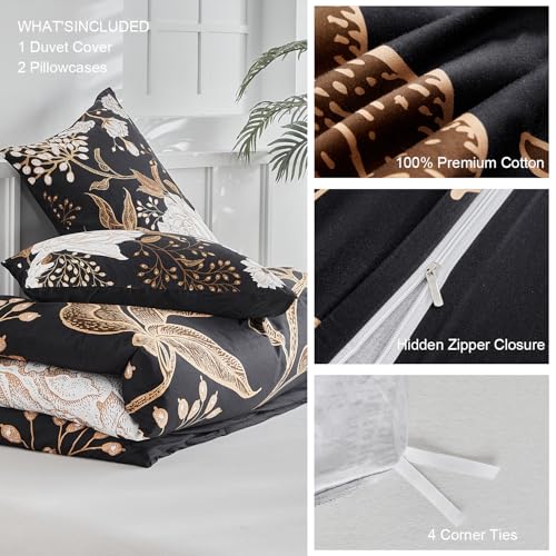 mixinni Black Floral Duvet Cover Twin XL Size, 3 Pieces Garden Style Botanical Flowers Leaves Bedding Set, Soft Cotton Reversible Farmhouse Boho Duvet Cover and 2 Pillowcases for All Season mixinni