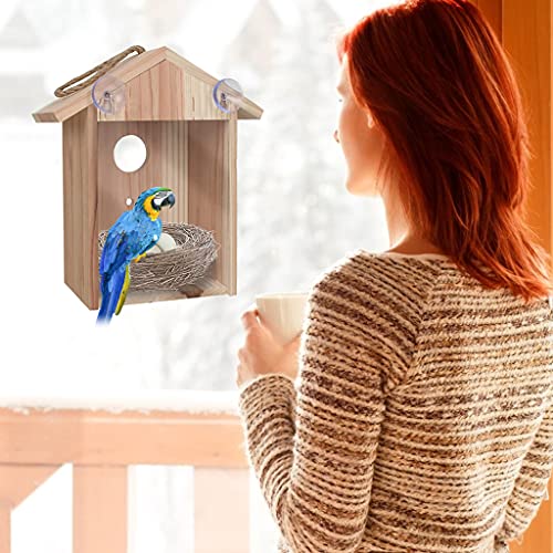 Window Birdhouse for Outdoor Hanging Natural Wood Bird House with Suction Cups for Garden Decor Bird Houses for Outside Clearance CHIUEAST