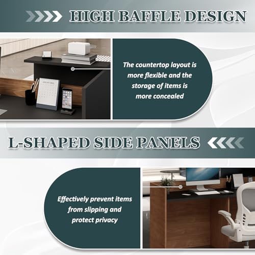 YTElantivo 63″ L-Shaped Reception Desk with Counter – Modern Office Front Desk for Salon, Clinic & Retail, Spacious Workstation, Easy Assembly, Black-Brown Receptionist Desk YTElantivo