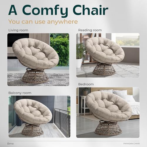 Bme 40" Ergonomic Wicker Papasan Chair with Soft Thick Density Fabric Cushion, High Capacity Steel Frame, 360 Degree Swivel for Living, Bedroom, Reading Room, Lounge, Silver Cloud - Brown Base Bme