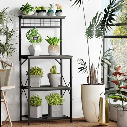 Furologee 4-Tier Black Oak Kitchen Bakers Rack & Microwave Stand with Pegboard and S Hooks Furologee