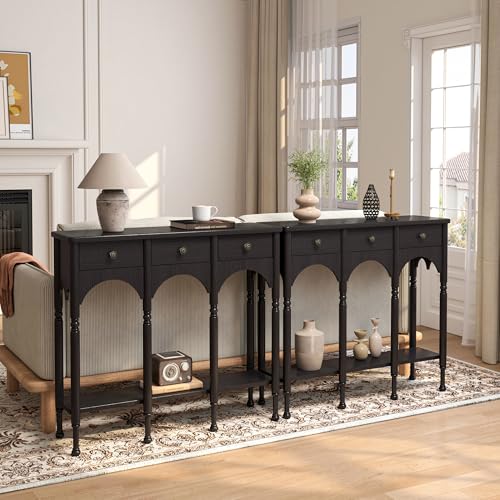 Topbele Console Table with 2 Drawers & Shelf, 40" Mid-Century Modern Entryway Table, Retro 2-Tier Sofa Table, Wooden Accent Table for Living Room, Hallway, Black Topbele