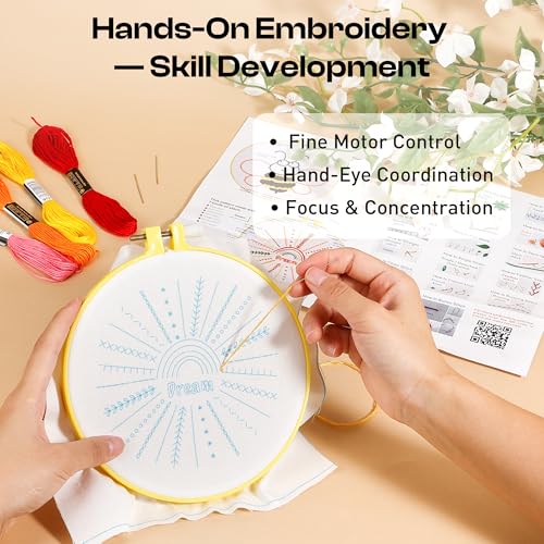 Pllieay 6PCS Embroidery Kit for Beginners, Needlepoint Kits for Beginners with Patterns, 6.5" Embroidery Hoop, Threads, Needles, Instructions, Kids Cross Stitch Kits Supplies for Girls Boys Ages 6+