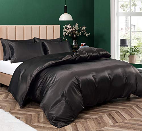 P Pothuiny Satin Duvet Cover Full/Queen, Single Soft Duvet Cover Only, Luxury Silky Like Black Duvet Cover 90" x 90" Sold Separately - Zipper Closure & Corner Ties P Pothuiny